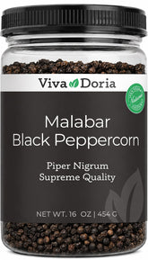 Viva Doria front pouch showing whole Malabar peppercorns and resealable bag benefit