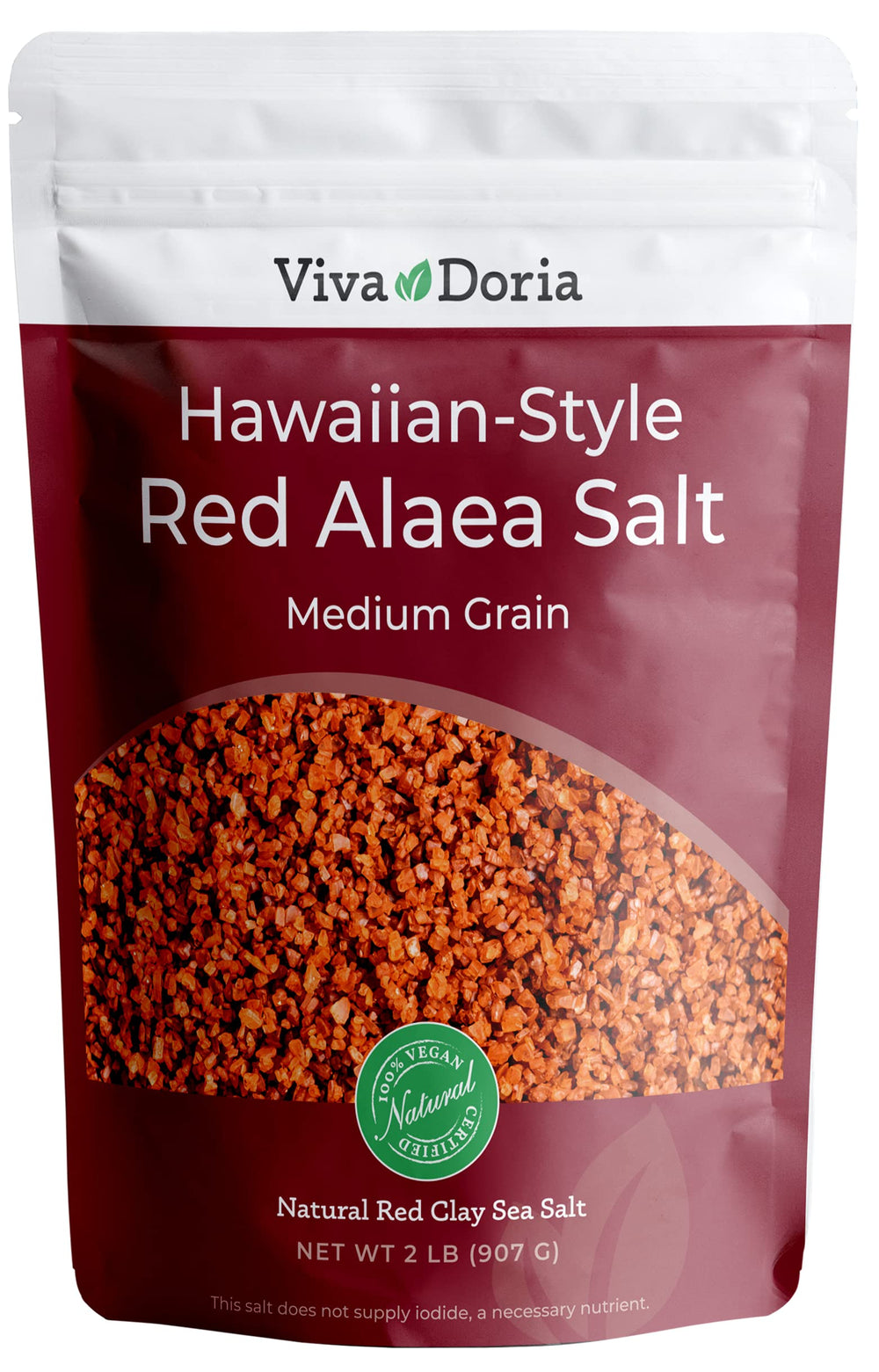 Viva Doria front pouch view showing red alaea salt and resealable pouch benefit