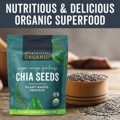 Viva Naturals chia seeds close-up texture highlighting tiny seeds and blendability benefit