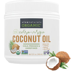 Viva Naturals front label showing organic extra virgin coconut oil and benefits