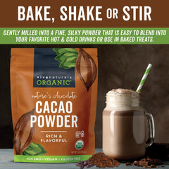 Viva Naturals close-up of fine cacao powder texture, demonstrates smooth blending benefit