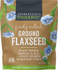 Viva Naturals front packaging showing 30 oz organic ground flaxseed, clear benefit convenience