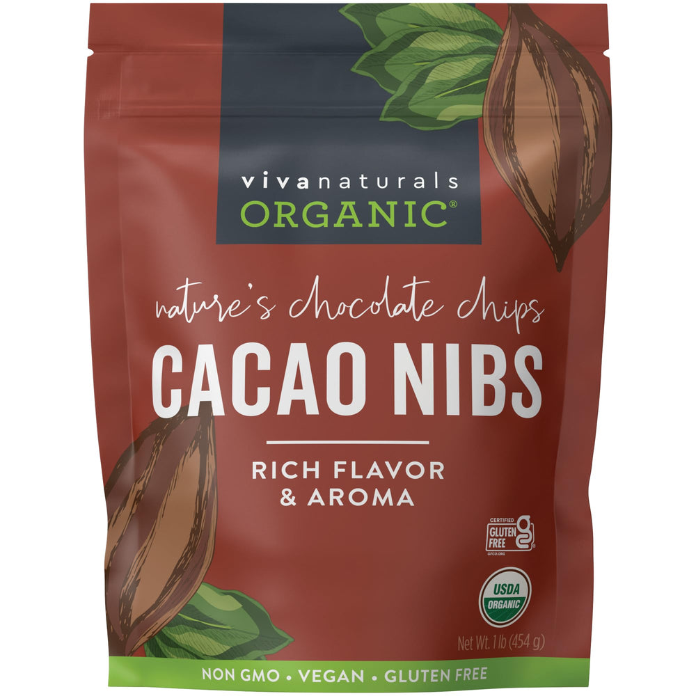 Viva Naturals front pouch showing organic cacao nibs package and benefits