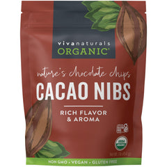 Viva Naturals front pouch showing organic cacao nibs package and benefits