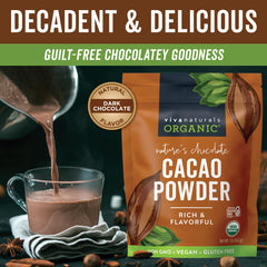 Viva Naturals open pouch with cacao spilling, shows fresh powder and easy scooping benefit