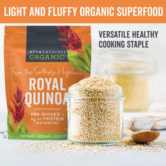 Close-up of Viva Naturals quinoa kernels in jar highlighting seed texture and easy rinsing benefit