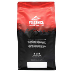 Volcanica Coffee 16oz bag next to measuring scoop showing portion clarity benefit