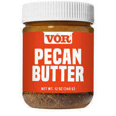 Vör jar front label showing 12oz pecan butter and clean ingredients