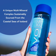 VOSS bottle cap and label detail highlighting recycled PET packaging