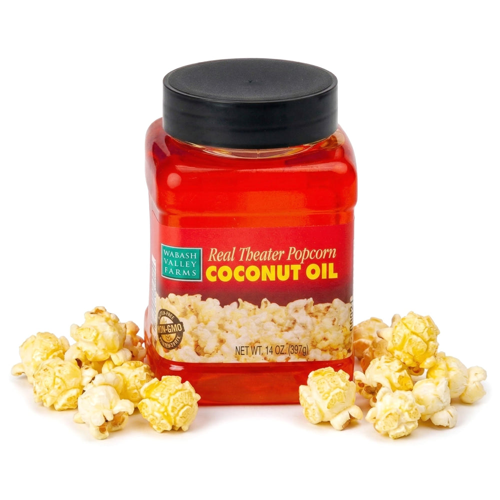 Wabash Valley Farms front label view showing butter flavored popcorn oil benefit