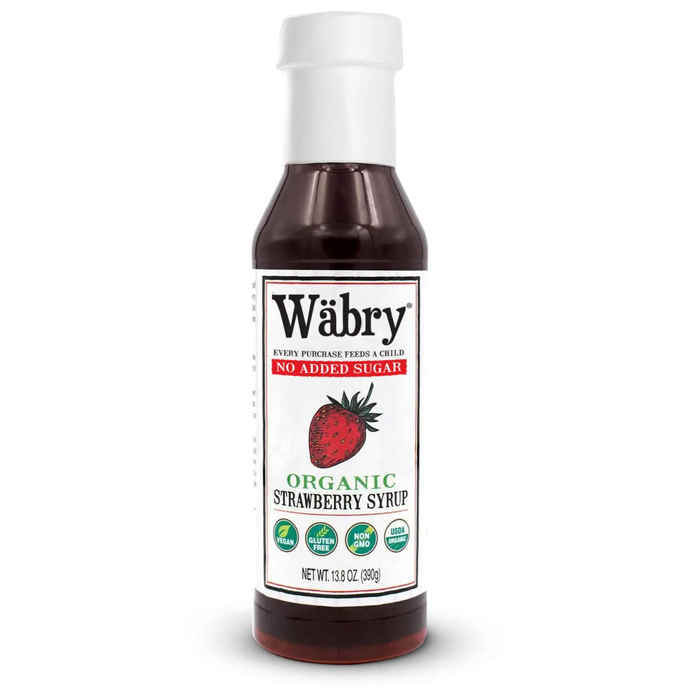 Wäbry bottle front label showing organic strawberry syrup and benefits