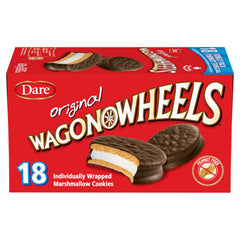 Wagon Wheels box front showing 630g packaging and 18 individually wrapped cookies, convenient for families