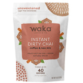 Waka Dirty Chai pouch front view showing label and resealable zipper for freshness