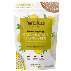 Waka front pouch showing lemon instant green tea, convenient storage benefit
