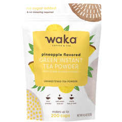 Waka Coffee front packaging showing pineapple green tea pouch and clear label benefit