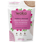 Waka raspberry green tea pouch front showing product benefit of instant brewing