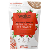 Waka Coffee front pouch showing strawberry instant green tea, convenient and compact