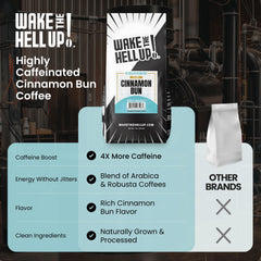 Wake The Hell Up! cup beside cinnamon bun illustrating dessert-like aroma and warm notes