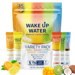 Wake Up Water front packaging showing variety pack and benefits