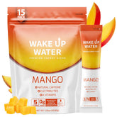 Wake Up Water mango front packaging showing 15 packets and benefits