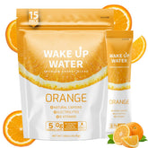Wake Up Water front packaging showing orange flavor and 15 packets offering convenient energy