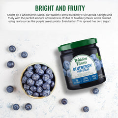 Walden Farms blueberry spread swipe on spoon, vibrant color and smooth texture