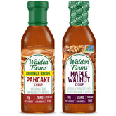 Walden Farms front packaging showing Pancake and Maple Walnut bottles and clear labeling benefit of zero calories