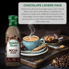 Walden Farms mocha creamer added to espresso cup illustrating richer mocha taste