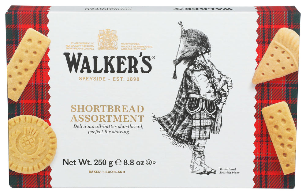 Walkers tin front view showing brand and assorted shortbread selection benefit