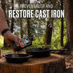 Walrus Oil being applied to a cast iron pan demonstrating restoration benefit