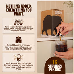 Wandering Bear pouring caramel cold brew over ice for smooth refreshment