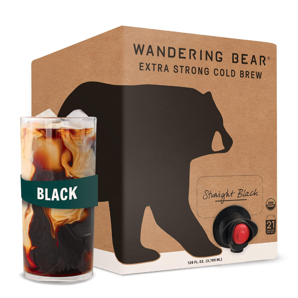 Wandering Bear front packaging showing ready-to-pour cold brew, convenient serving