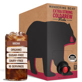 Wandering Bear front packaging showing 96 fl oz tap box and mocha label benefits