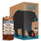 Wandering Bear front packaging showing 96 fl oz box and vanilla branding for easy pouring