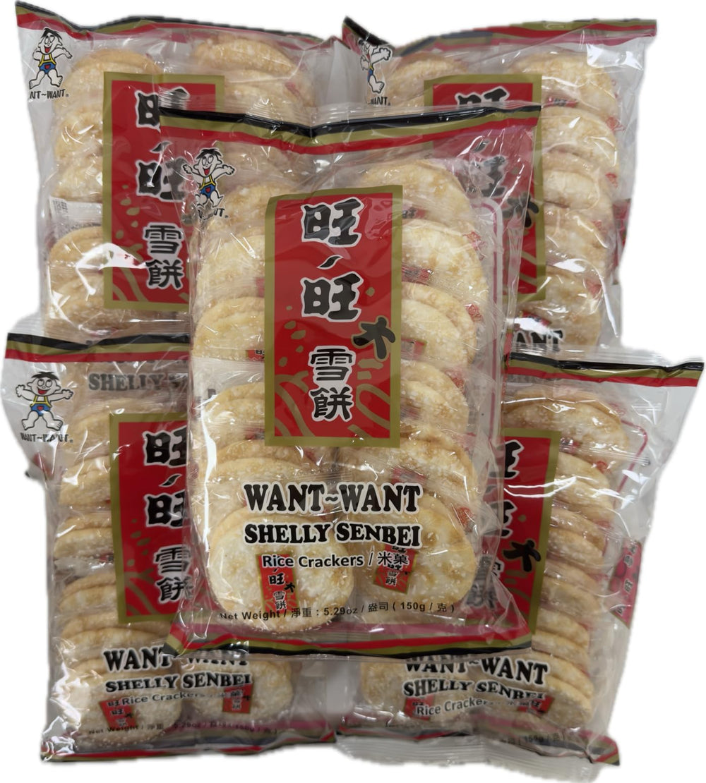 Want Want front packaging showing sugar-glazed crackers and pack details, convenient snack