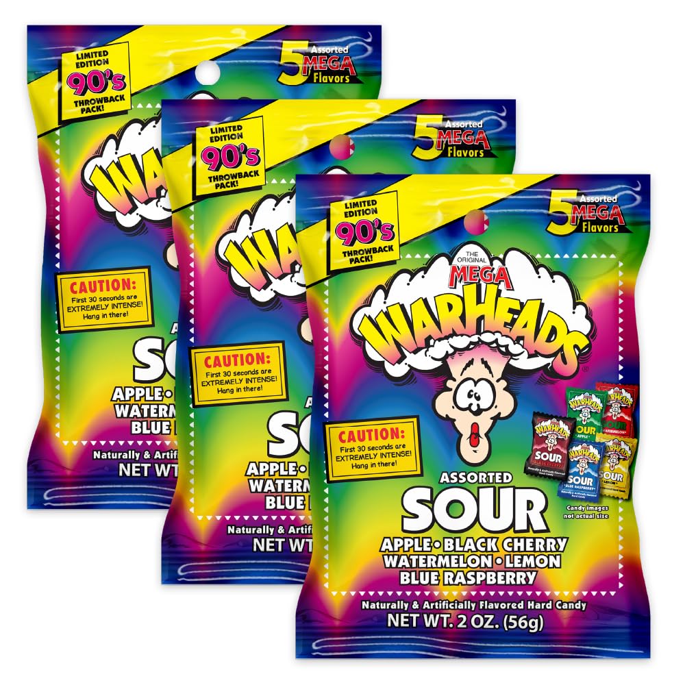 Warheads front packaging showing three 2 oz bags and bold branding for convenient snacks