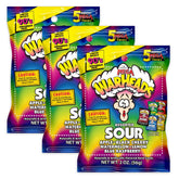 Warheads front packaging showing three 2 oz bags and bold branding for convenient snacks
