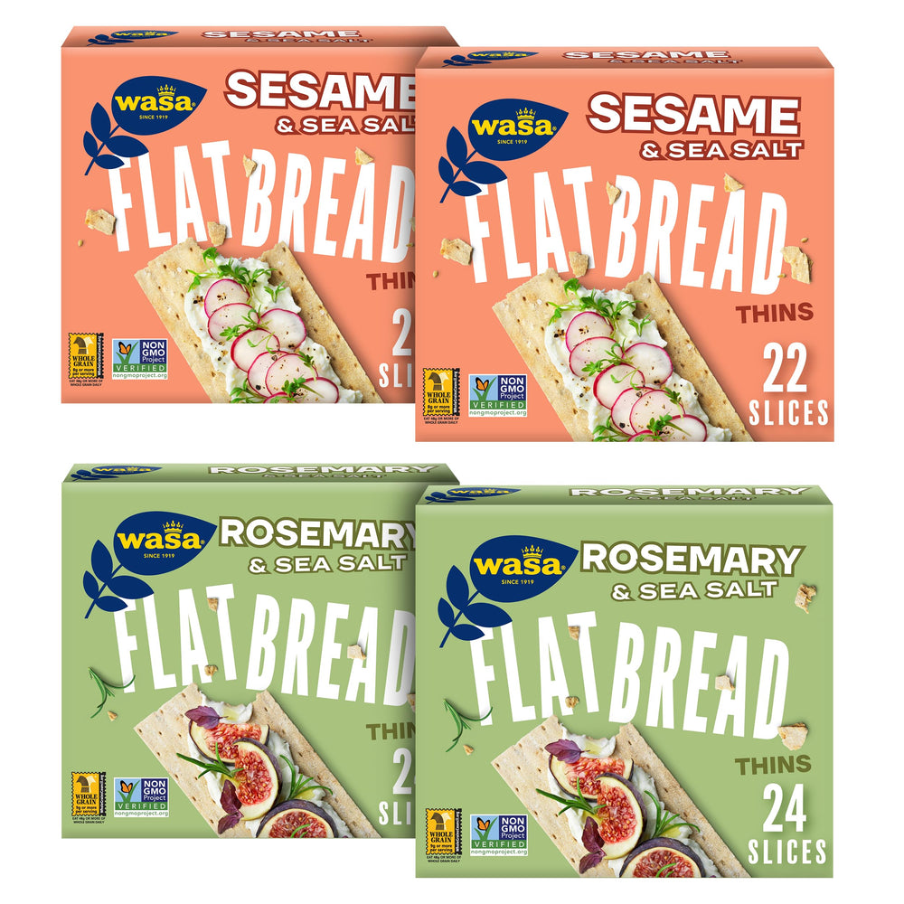 Wasa front packaging of flatbread thins showing variety pack benefit