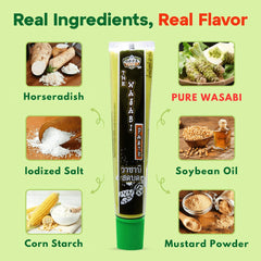 WASABI-O tube close-up showing nozzle and easy, mess-free dispensing benefit