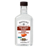 Watkins bottle front packaging showing clear almond extract and label benefits