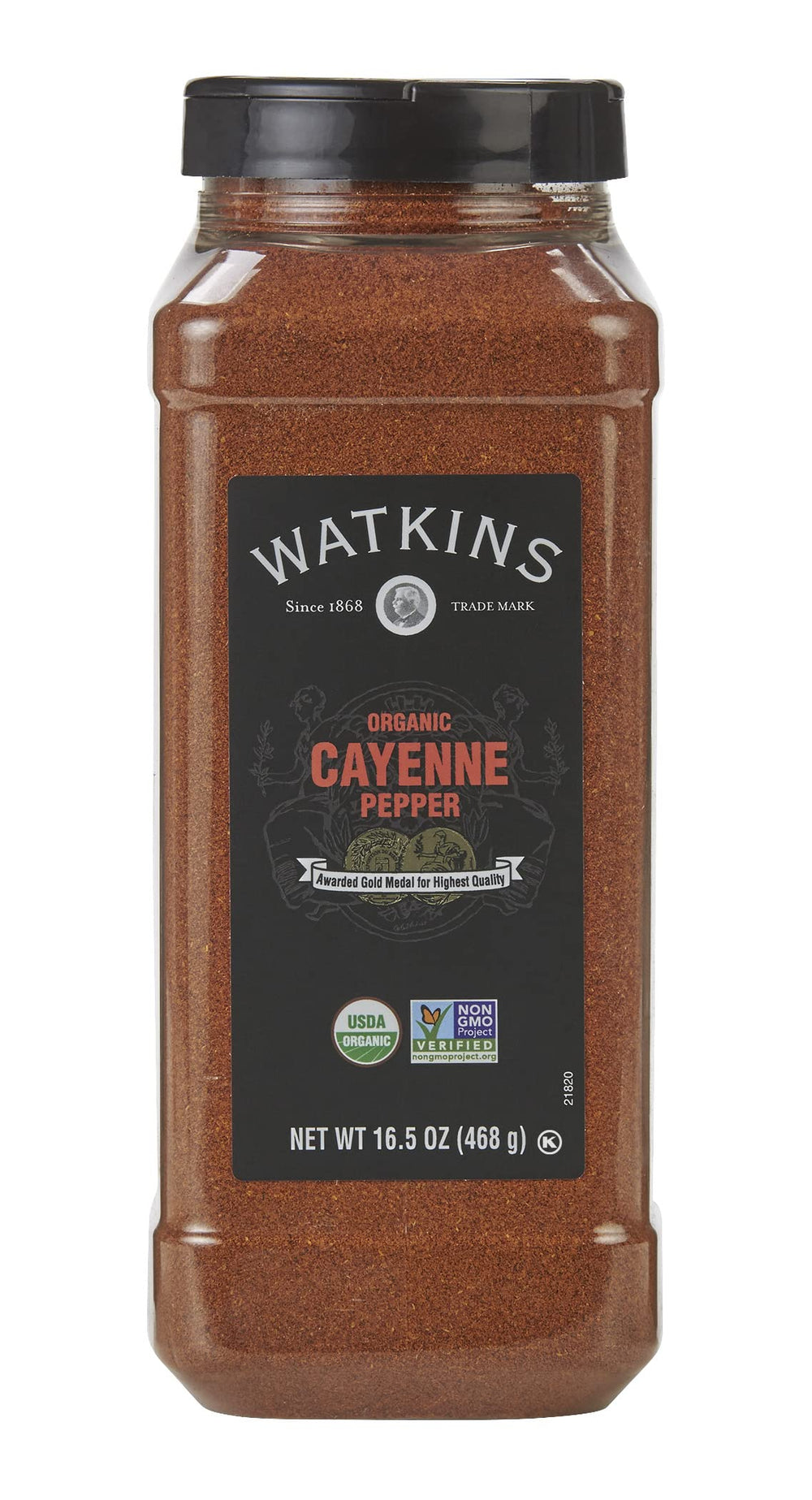 Watkins front packaging showing organic cayenne and bulk size benefit