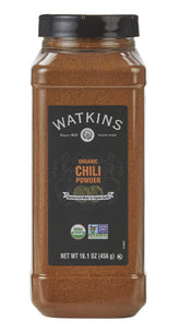 Watkins front packaging showing 16.1 oz organic chili powder for dependable seasoning