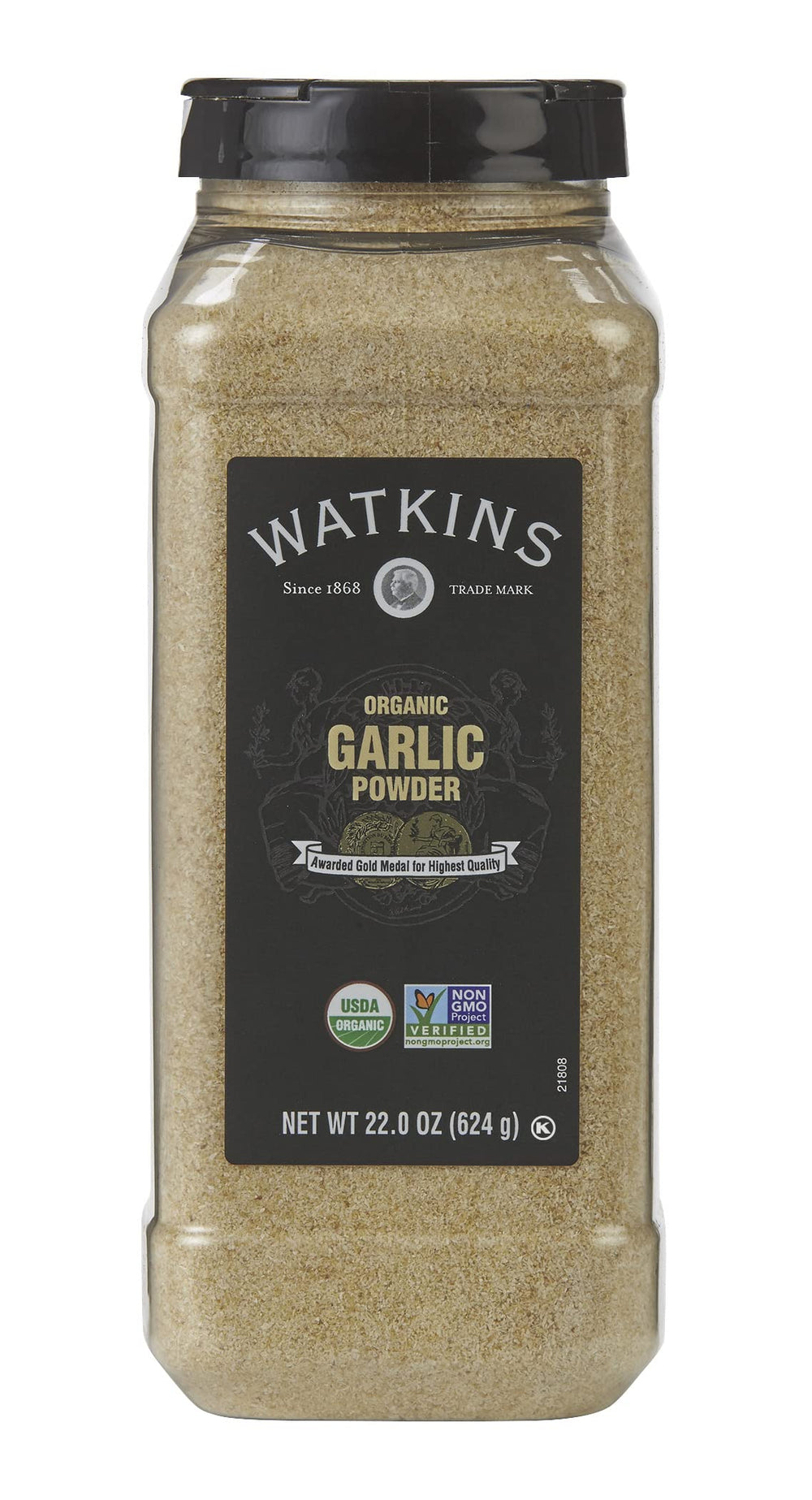 Watkins garlic powder front label showing organic certification and size benefits
