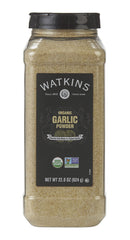 Watkins garlic powder front label showing organic certification and size benefits