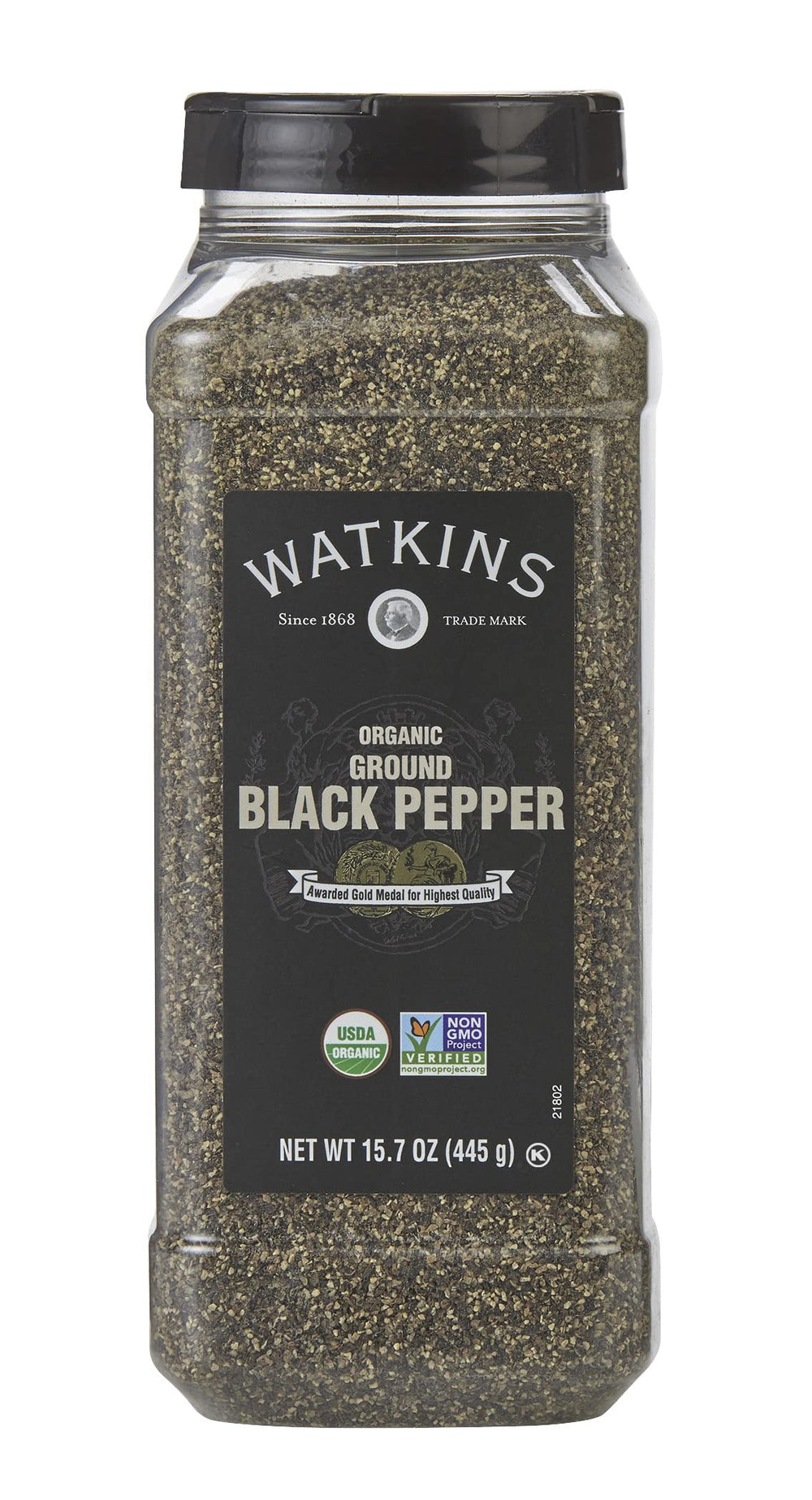 Watkins ground black pepper front packaging showing organic label and bulk size benefit