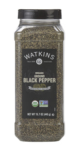 Watkins ground black pepper front packaging showing organic label and bulk size benefit
