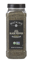 Watkins ground black pepper front packaging showing organic label and bulk size benefit