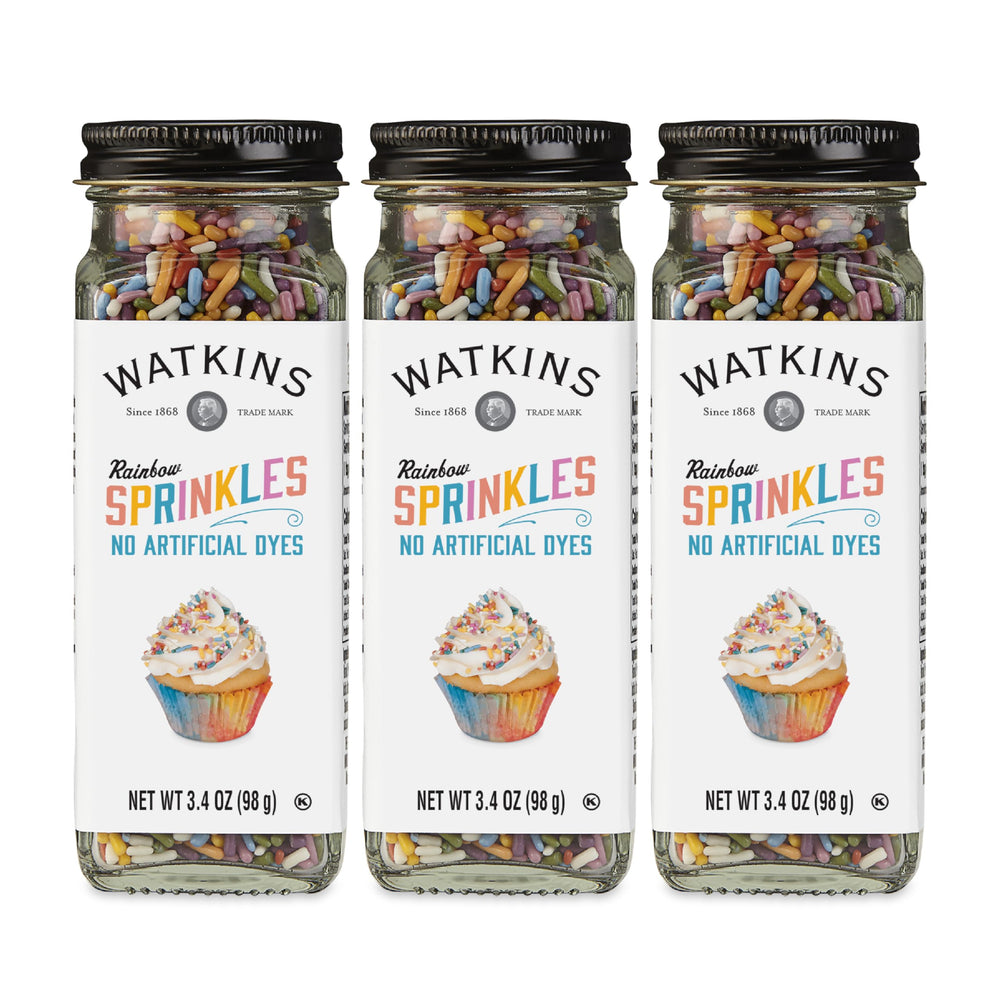 Watkins front packaging showing three 3.4 oz jars and bright rainbow sprinkles benefit: clear storage