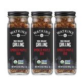 Watkins front packaging showing three glass shakers and organic label benefits