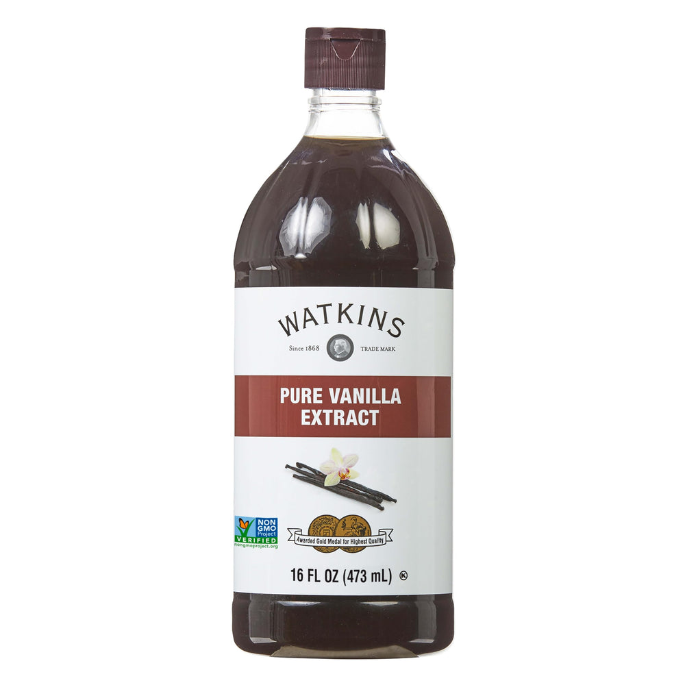 Watkins bottle front label showing 16 oz and premium vanilla benefit